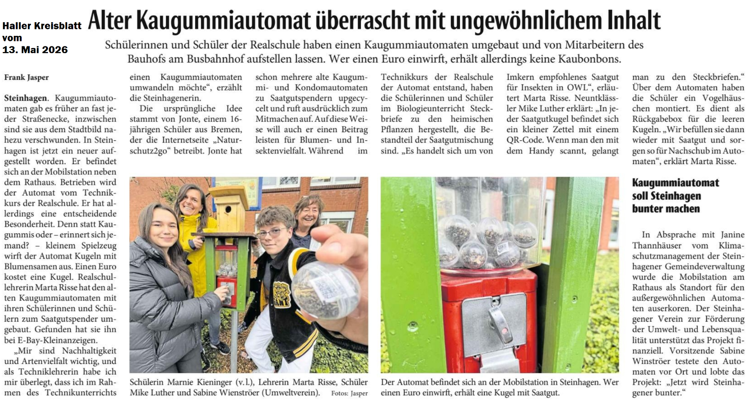 Artikel über einen Kaugummi-Automaten von Haller Kreisblatt