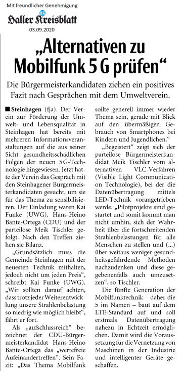 Zeitungsartikel von Haller Kreisblatt: Alternativen zu Mobilfunk 5G prüfen