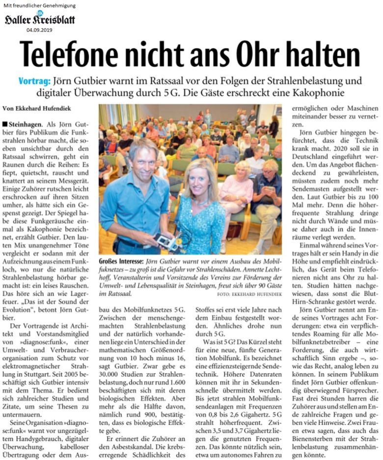 Zeitungsartikel von Haller Kreisblatt: Telefone nicht ans Ohr halten