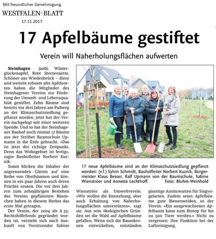 Zeitungsartikel von Westfalen Blatt: 17 Apfelbäume gestiftet