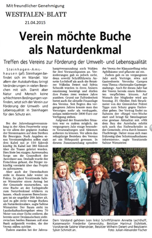 Zeitungsartikel von Westfalen Blatt: Verein möchte Buche als Naturdenkmal