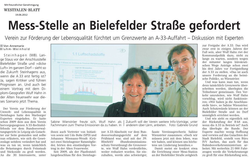 Zeitungsartikel von Westfalen-Blatt: Mess-Stelle an Bielefelder Straße gefordert